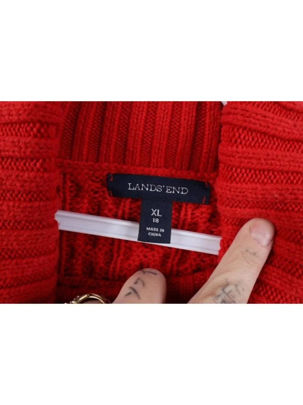 Vintage Lands End Womens XL Chunky Cable Knit Fisherman Turtleneck Sweater Red